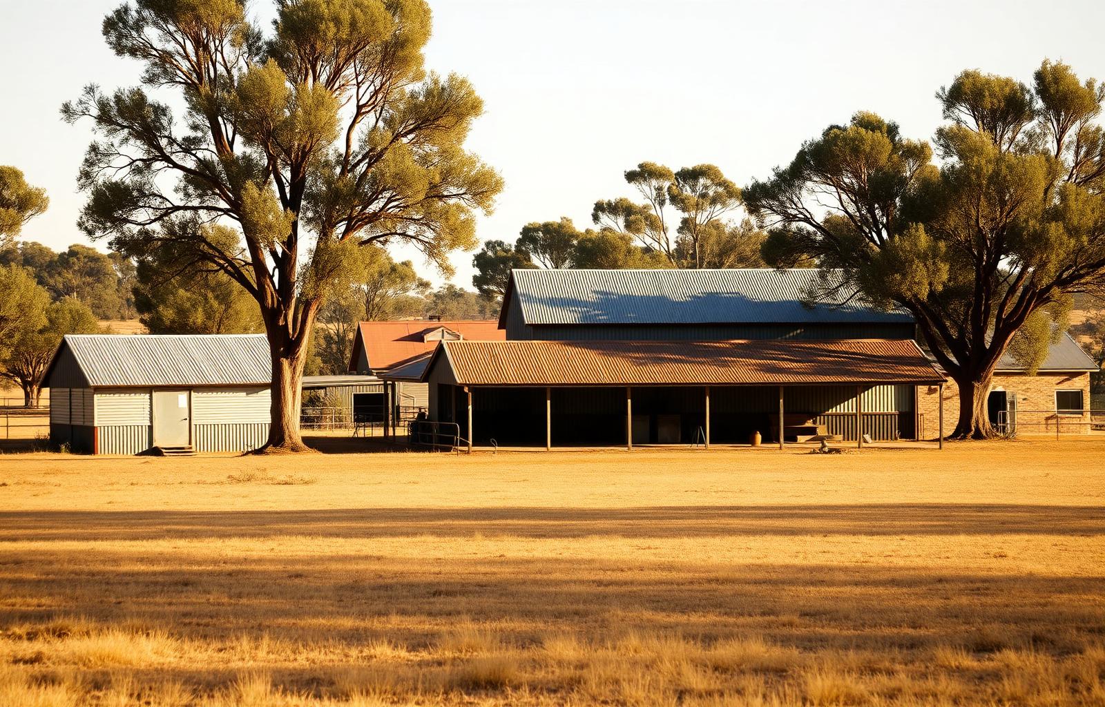 Corrugated iron sheds under gum trees on an Australian farm