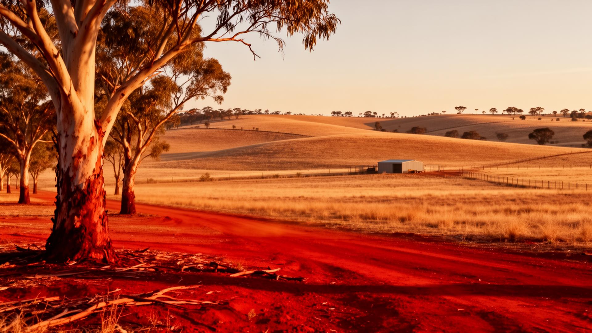 Red gum tree on red ochre soil at sunset in regional Australia